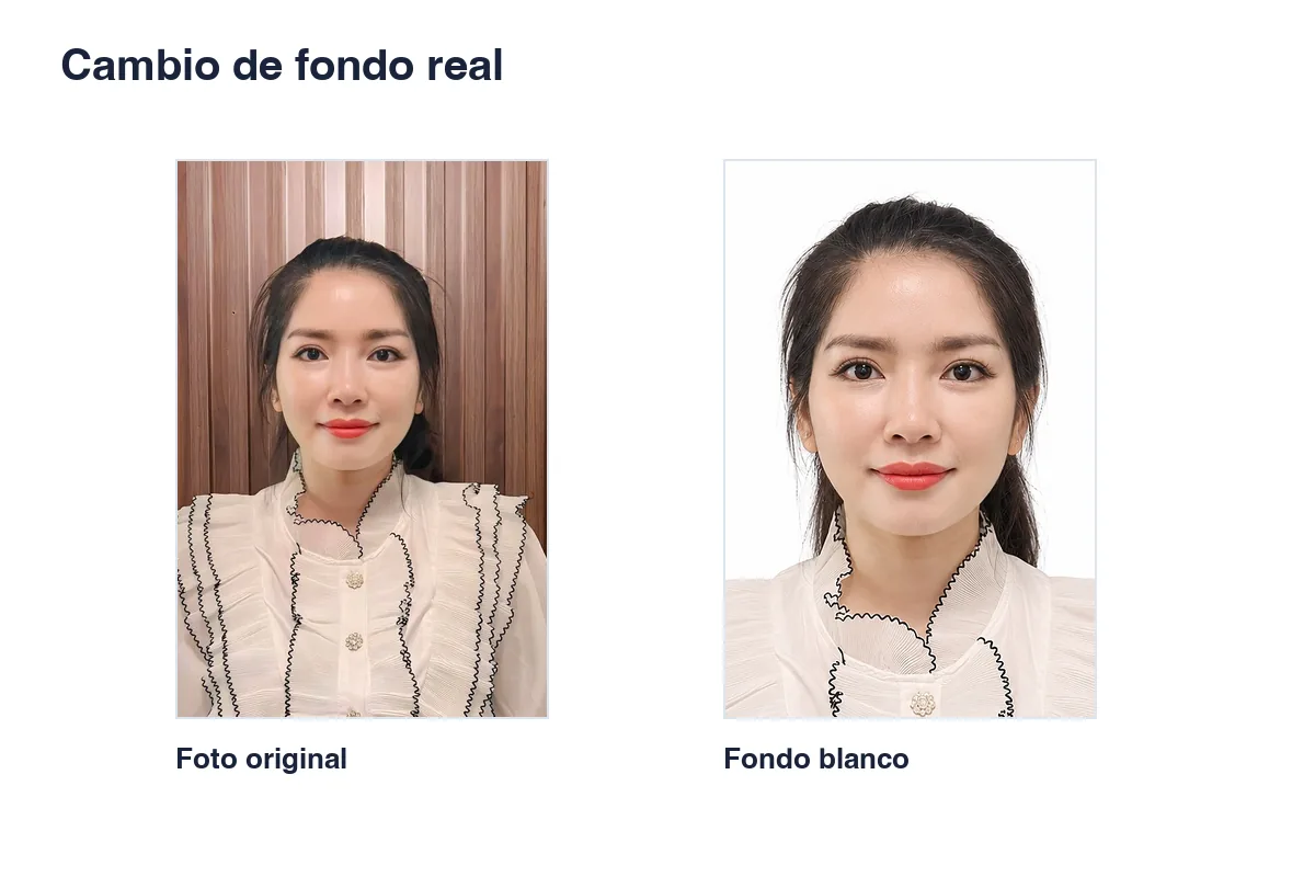 Retrato real antes y después de cambiar el fondo a blanco en Rakuphoto.