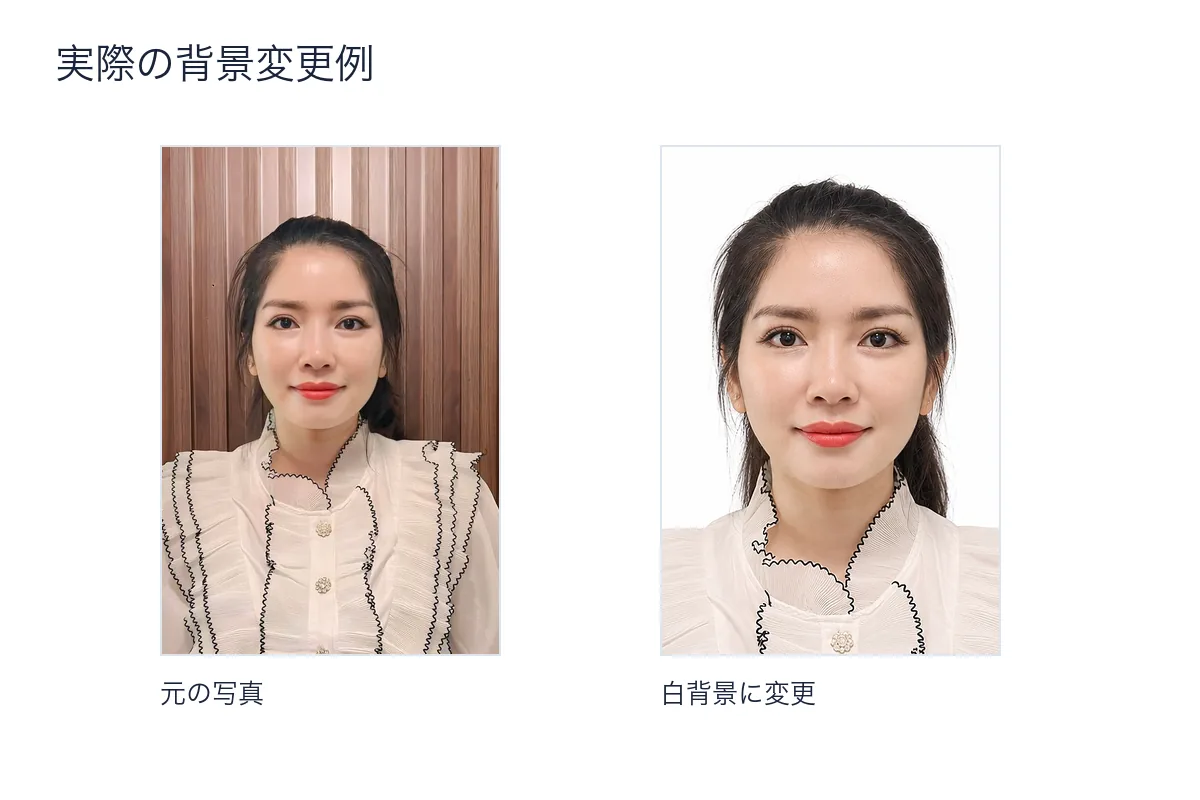 Rakuphotoで背景を白に変更した実際の顔写真。元の写真と仕上がりを比較しています。