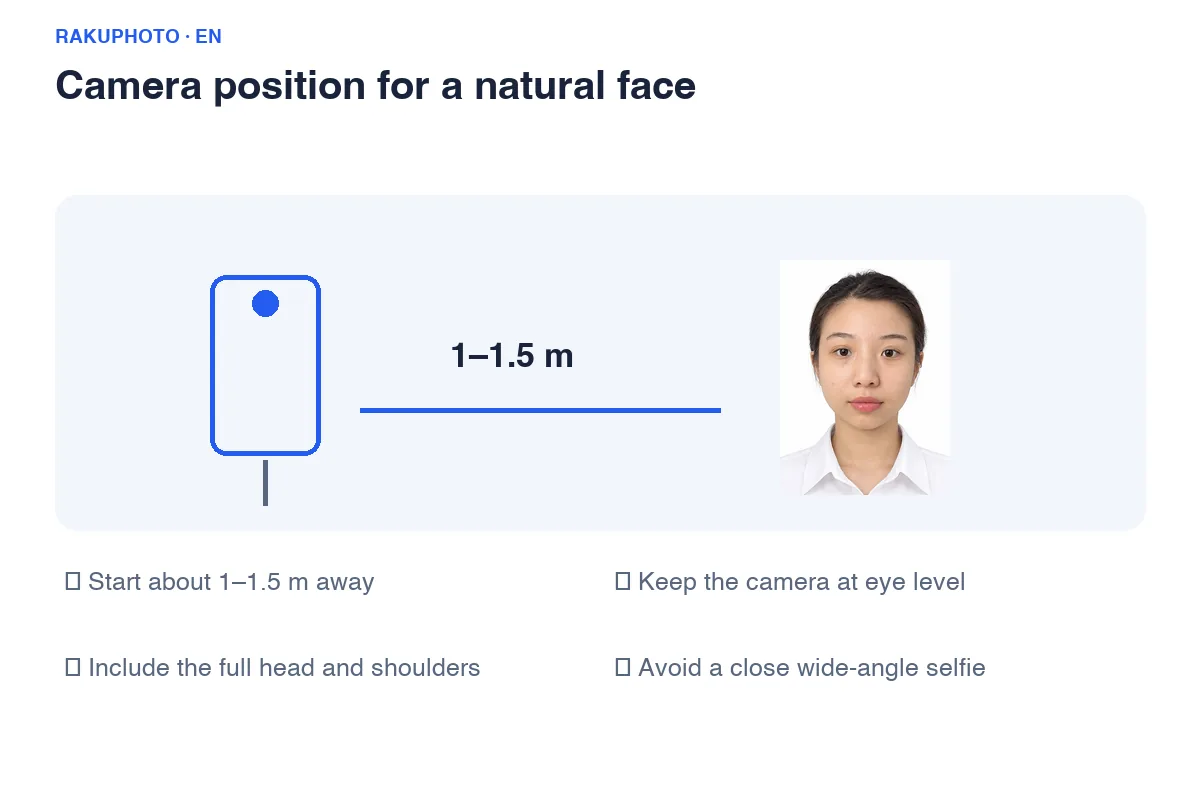 Start around 1–1.5 metres away, keep the camera at eye level and leave room around the head and shoulders.
