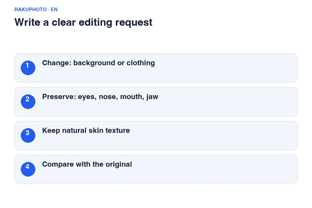 Separate what you want changed from the facial features and skin texture you want preserved.