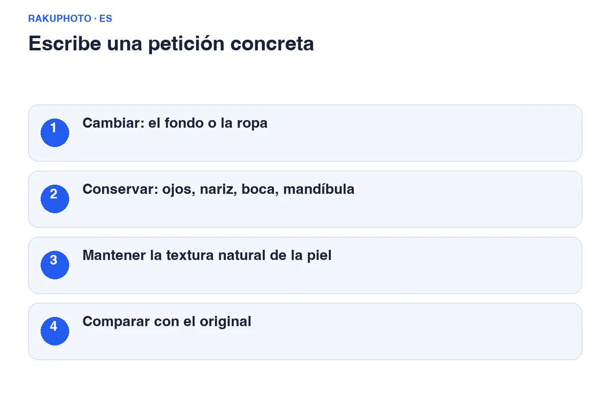 Indica por separado qué deseas cambiar y qué rasgos faciales y textura de la piel deben conservarse.