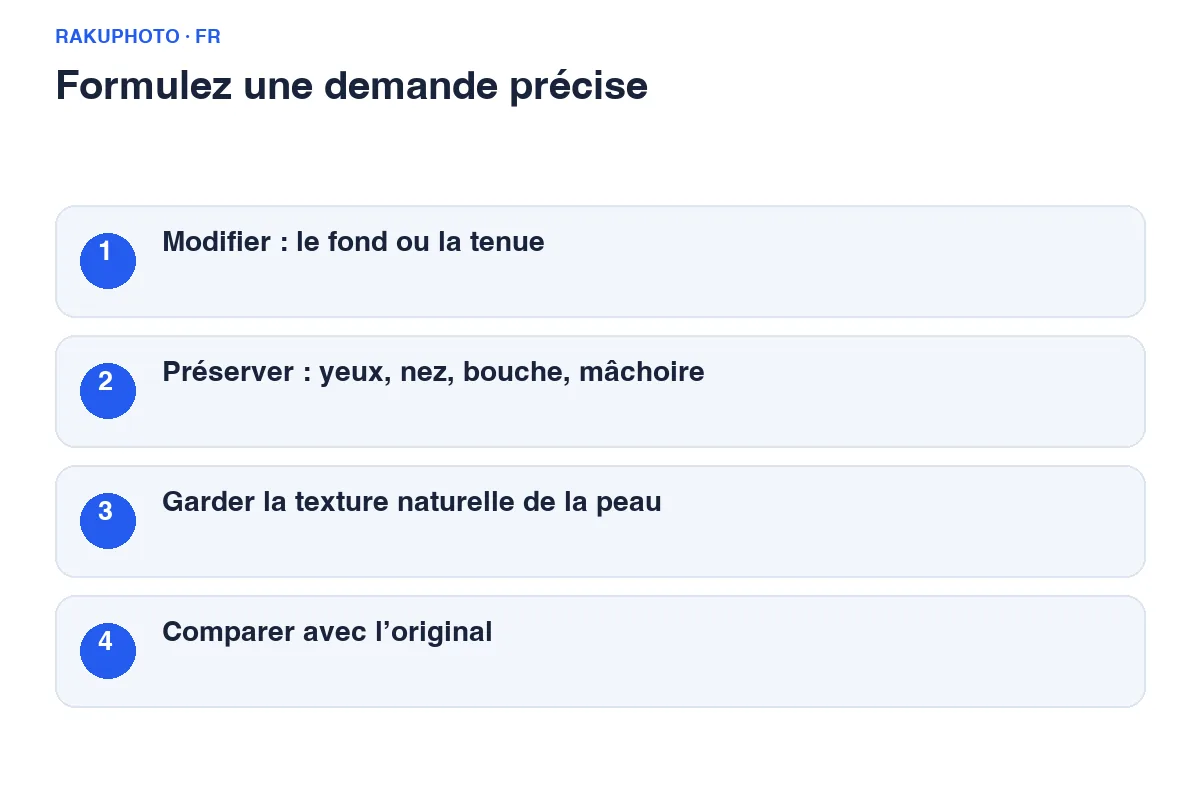 Distinguez les éléments à modifier des traits du visage et de la texture de peau à préserver.
