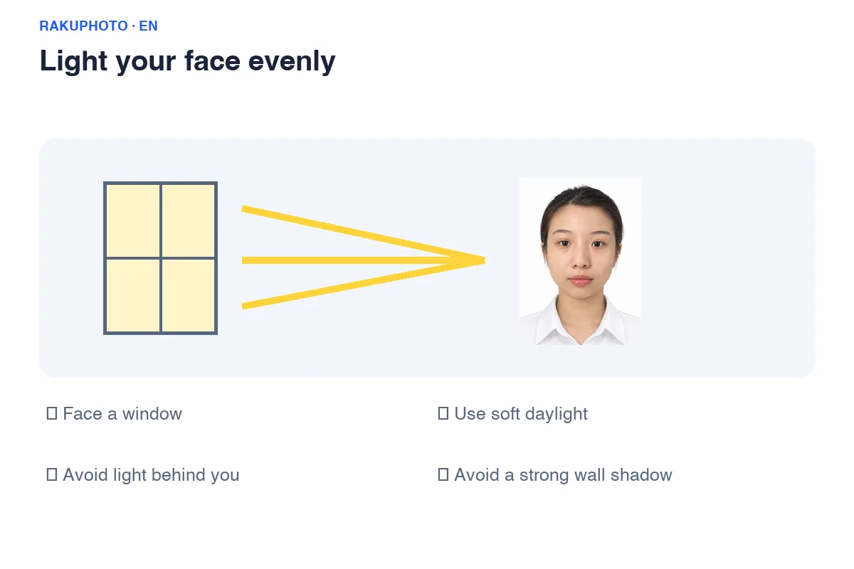 Face a window with soft daylight. Keep both sides of your face evenly lit and move away from the wall.