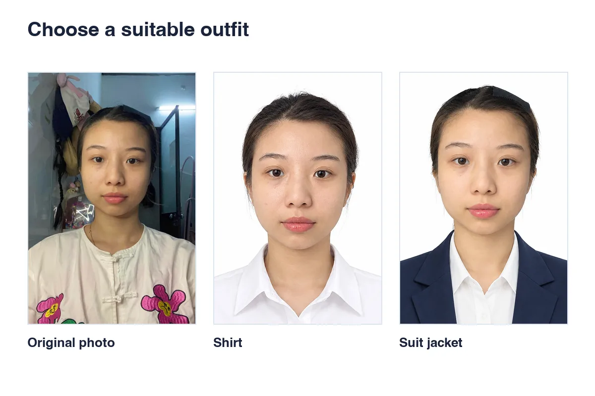 One original portrait, two outfit results: a white shirt and a suit jacket, created with Rakuphoto.