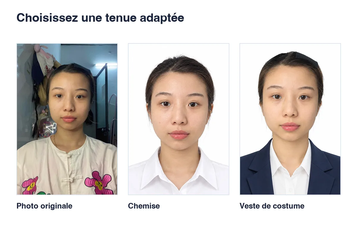 Un même portrait d’origine, deux résultats : chemise blanche et veste, créés avec Rakuphoto.
