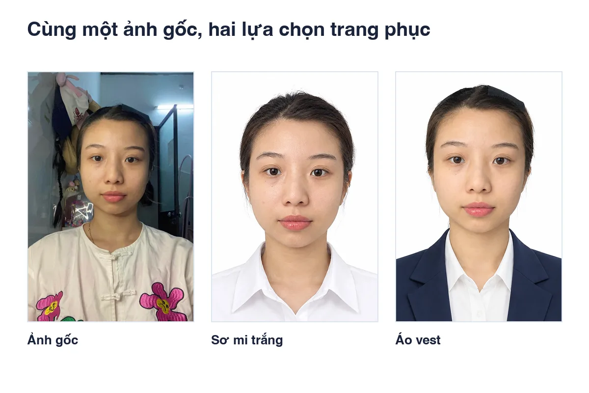 Cùng một ảnh gốc, kết quả thay sơ mi trắng và áo vest trên Rakuphoto.