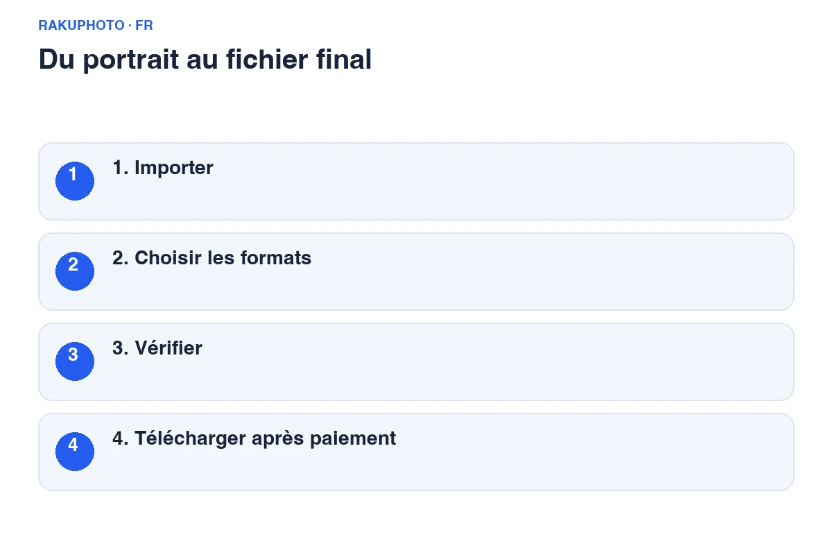 Importez le portrait, choisissez les formats, vérifiez l’aperçu puis téléchargez après confirmation du paiement.