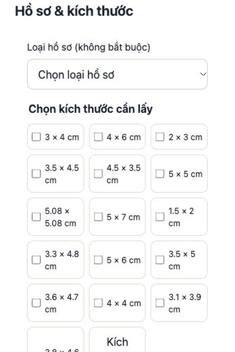 Bảng chọn kích thước 3×4, 4×6 và loại hồ sơ tùy chọn trên Rakuphoto