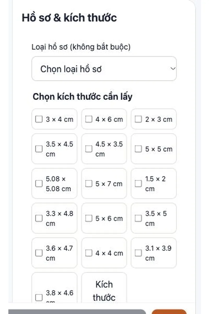Bảng chọn kích thước 3×4, 4×6 và loại hồ sơ không bắt buộc trên Rakuphoto