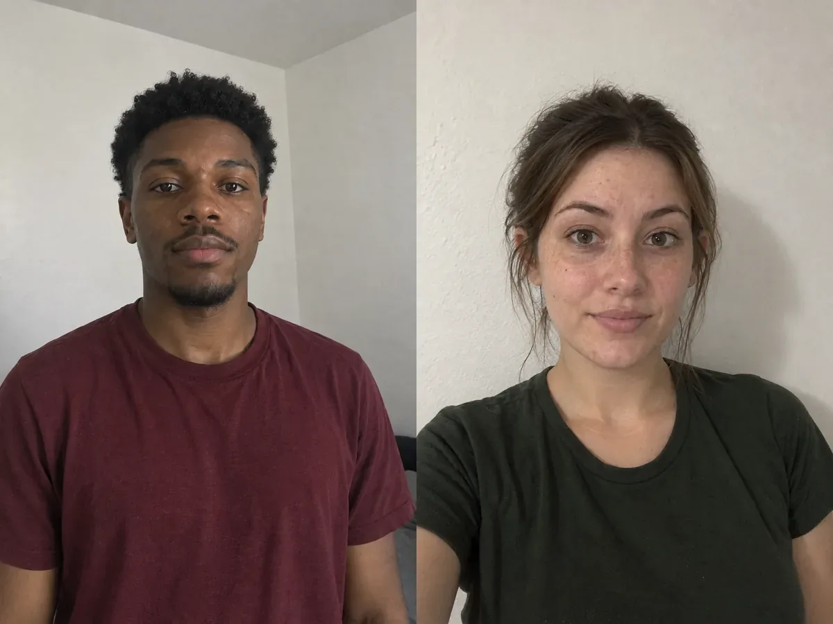 Two clear portraits taken at home with head and shoulders visible