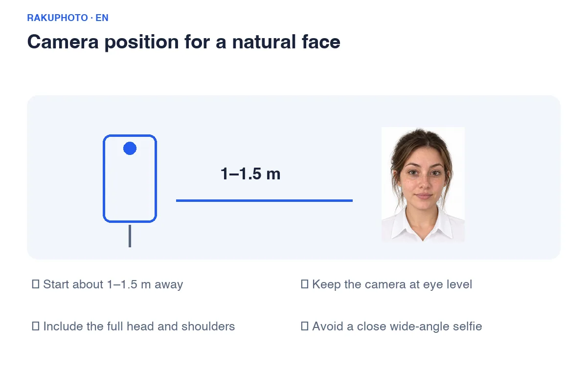 Start around 1–1.5 metres away, keep the camera at eye level and leave room around the head and shoulders.