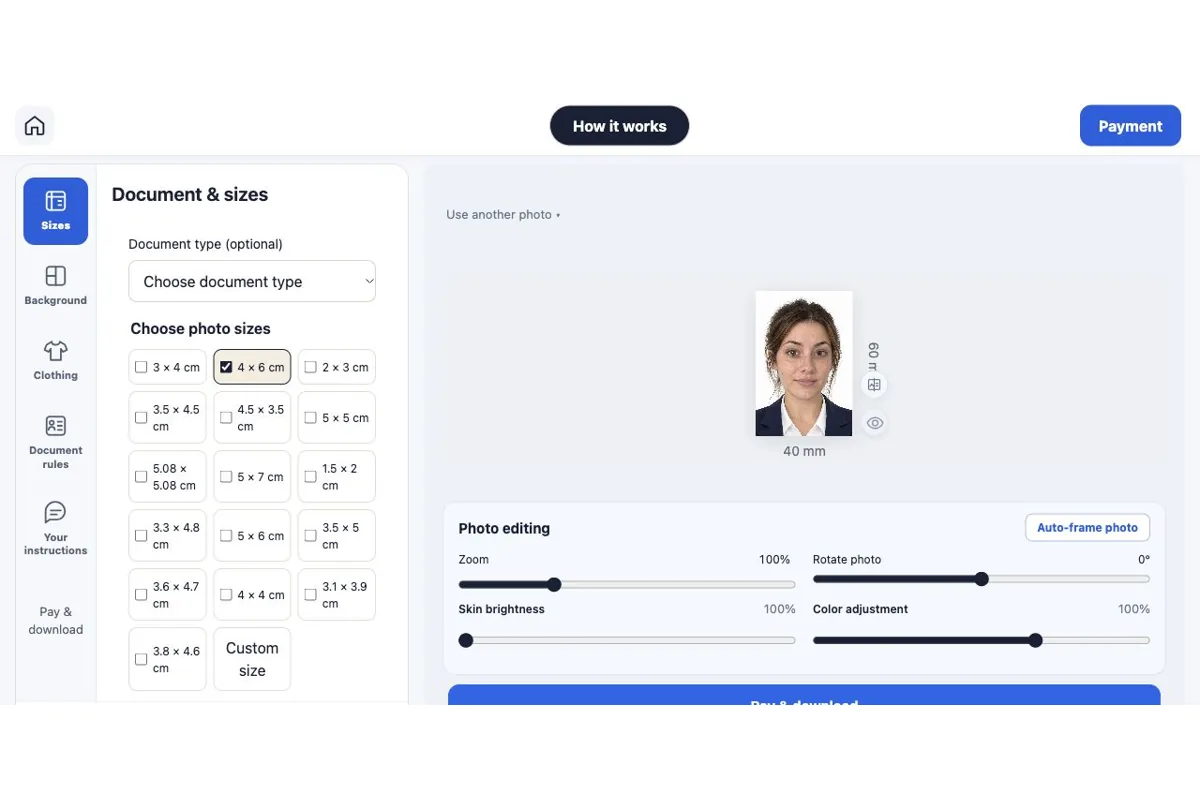 Rakuphoto’s English editor: upload a portrait and choose the photo sizes you need.
