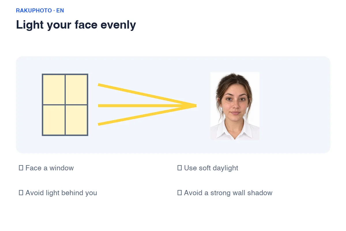 Face a window with soft daylight. Keep both sides of your face evenly lit and move away from the wall.