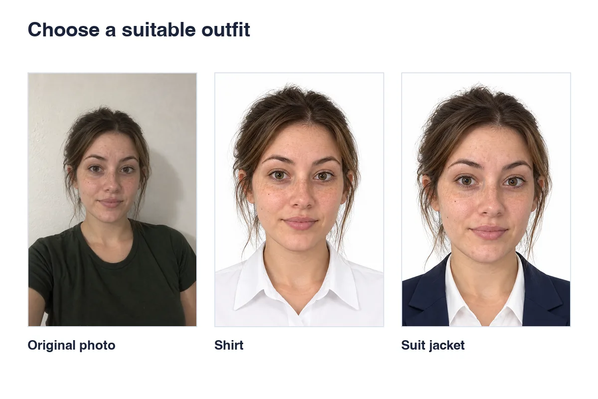 One original portrait, two outfit results: a white shirt and a suit jacket, created with Rakuphoto.