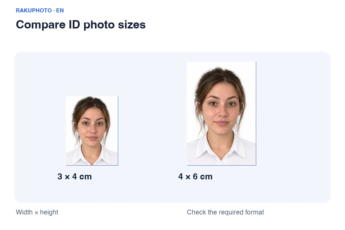 A 3×4 cm photo is 3 cm wide and 4 cm high; a 4×6 cm photo is 4 cm wide and 6 cm high.