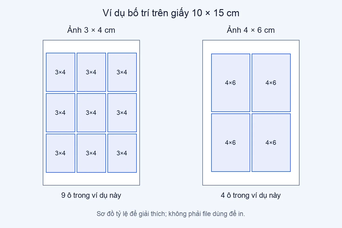 Sơ đồ in ảnh thẻ online trên giấy 10×15 cm với các ô 3×4 và 4×6