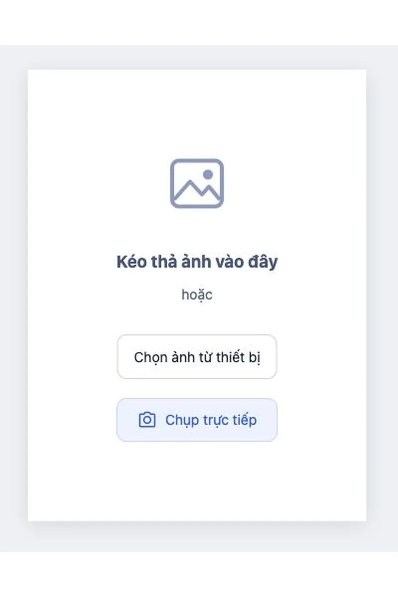 Khung tải ảnh thẻ online trên Rakuphoto với lựa chọn file và chụp trực tiếp